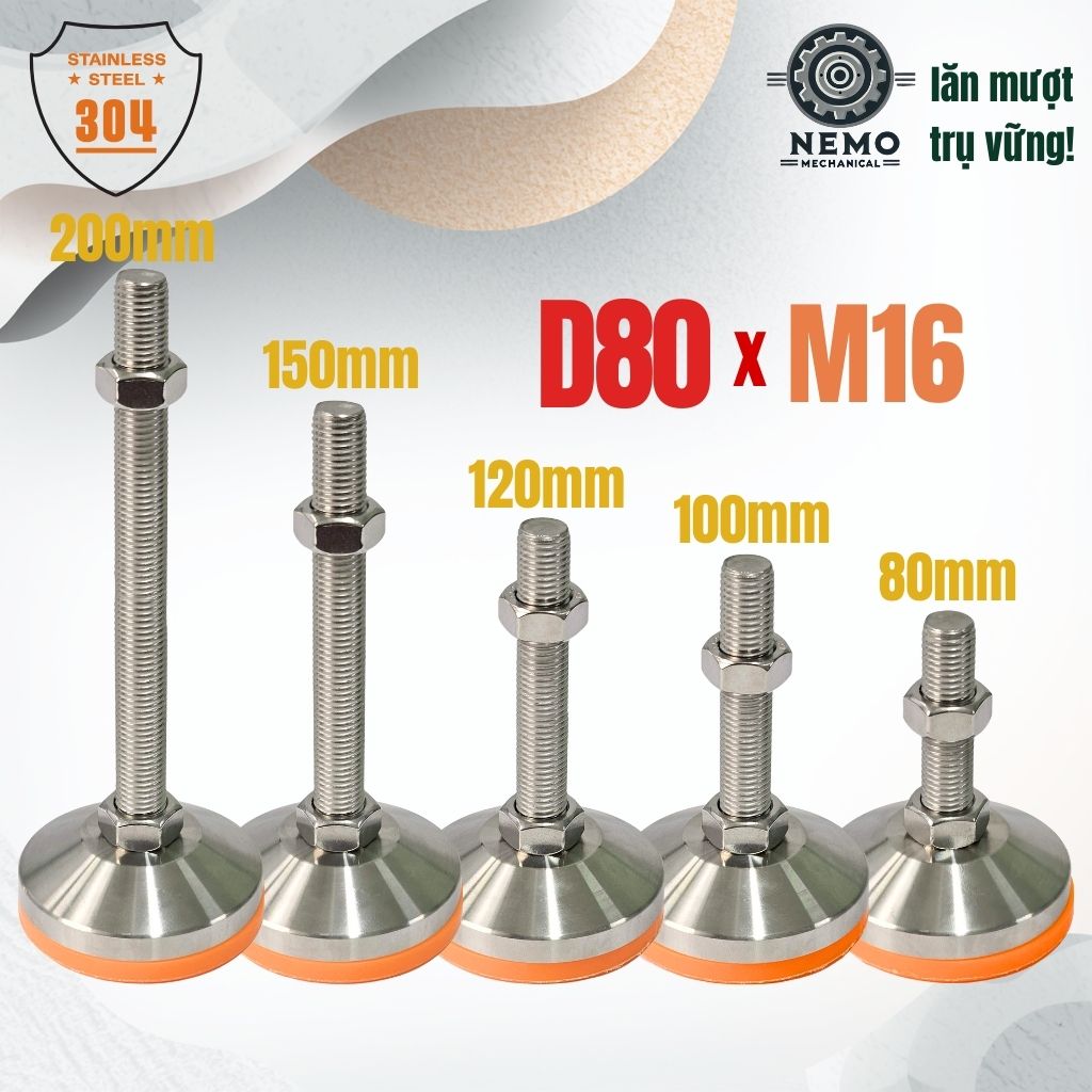 Chân Tăng Chỉnh Inox 304 Ren M16 – Đế Bát Dày Chịu Tải Siêu Nặng 800kg, Chống Ăn Mòn Tuyệt Đối